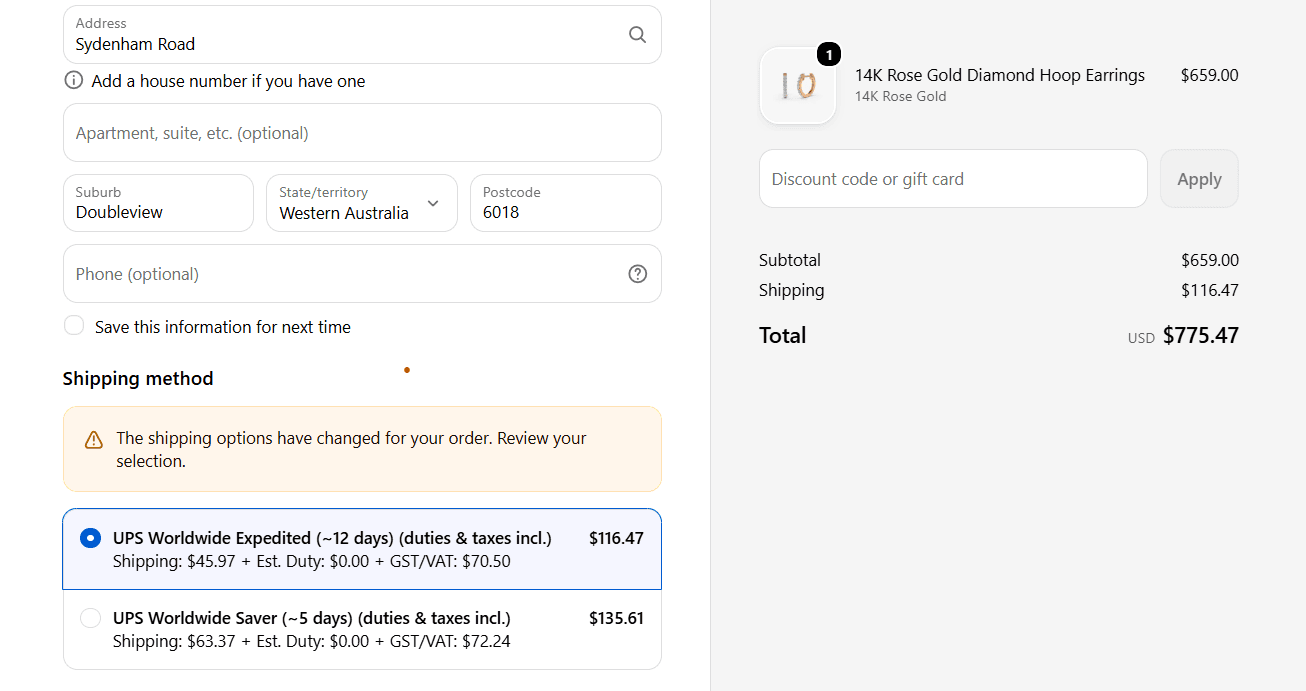 Shopify checkout showing shipping options with duties and taxes included